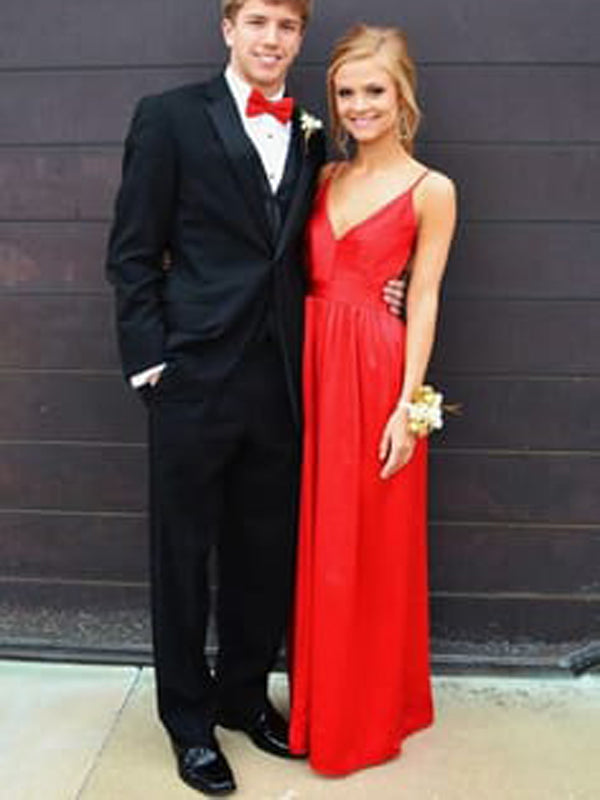 Elegant Red Spaghetti Strap V Neck Open Back Floor Length Evening Prom Dresses SW0077
