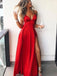 Affordable Red Spaghetti Strap V-Neck Side Slit Floor Length Evening Prom Dresses, SW0076