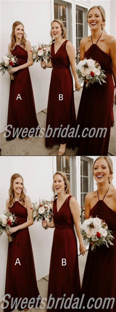 Mismatched Burgundy V-neck Halter A-line Long Bridesmaid Dresses,SWE1267