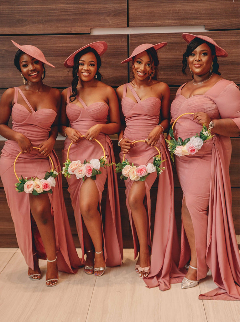 Mismatched One-shoulder Side slit Mermaid Elegant Simple Pretty Long Bridesmaid Dresses, SWE1334