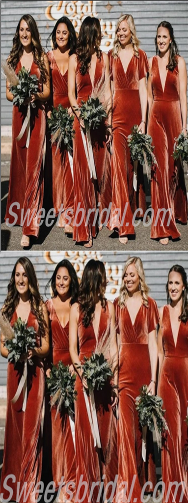 Mismatched V-neck  A-line Elegant Simple Long Bridesmaid Dresses,SWE1268