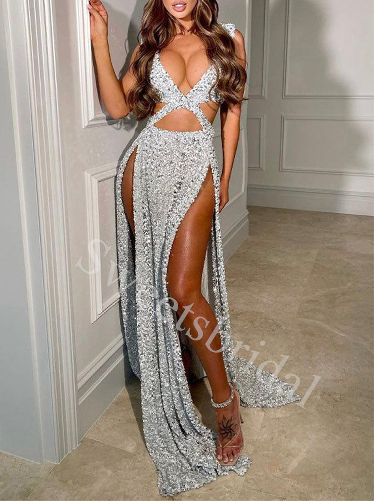 Sexy V-neck Sleeveless Side slit Mermaid Prom Dresses,SW1716