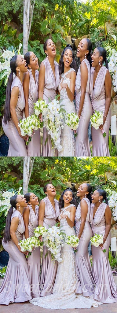 Mermaid V-neck Pleats Elegant Simple Long Bridesmaid Dresses,SWE1288