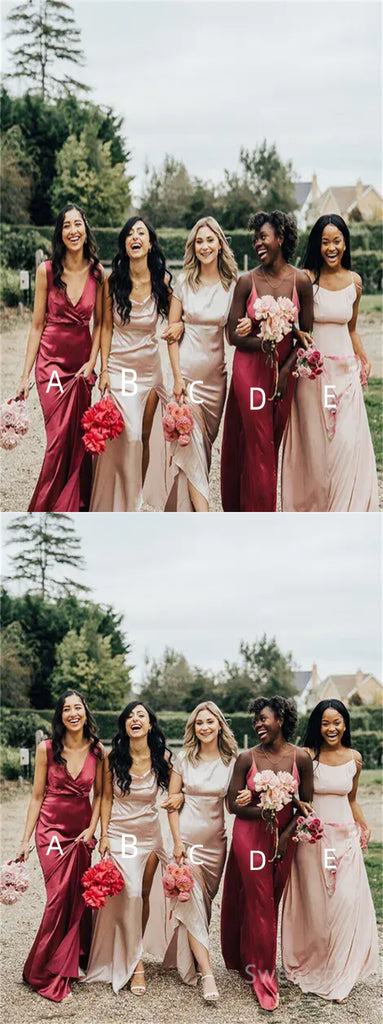 Mismatched V-neck Side slit A-line Elegant Simple Pretty Long Bridesmaid Dresses, SWE1332