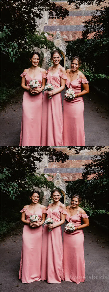 Off-shoulder Ruffle Spaghetti straps Elegant Simple Pretty Long Bridesmaid Dresses, SWE1324