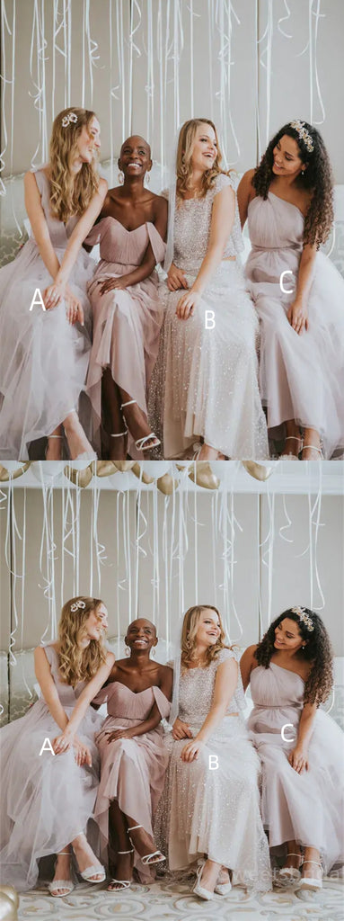Mismatched Off-shoulder A-line Elegant Simple Pretty Long Bridesmaid Dresses,SWE1313