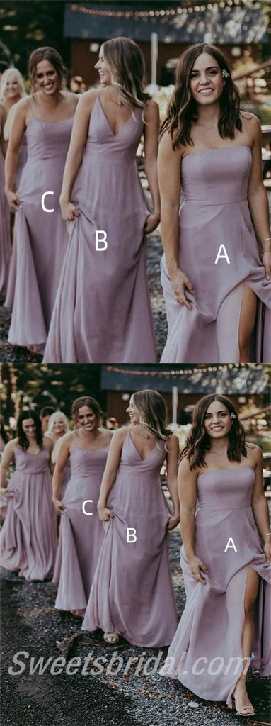 Mismatched Spaghetti straps V-neck Side slit  A-line Elegant Simple Long Bridesmaid Dresses,SWE1290