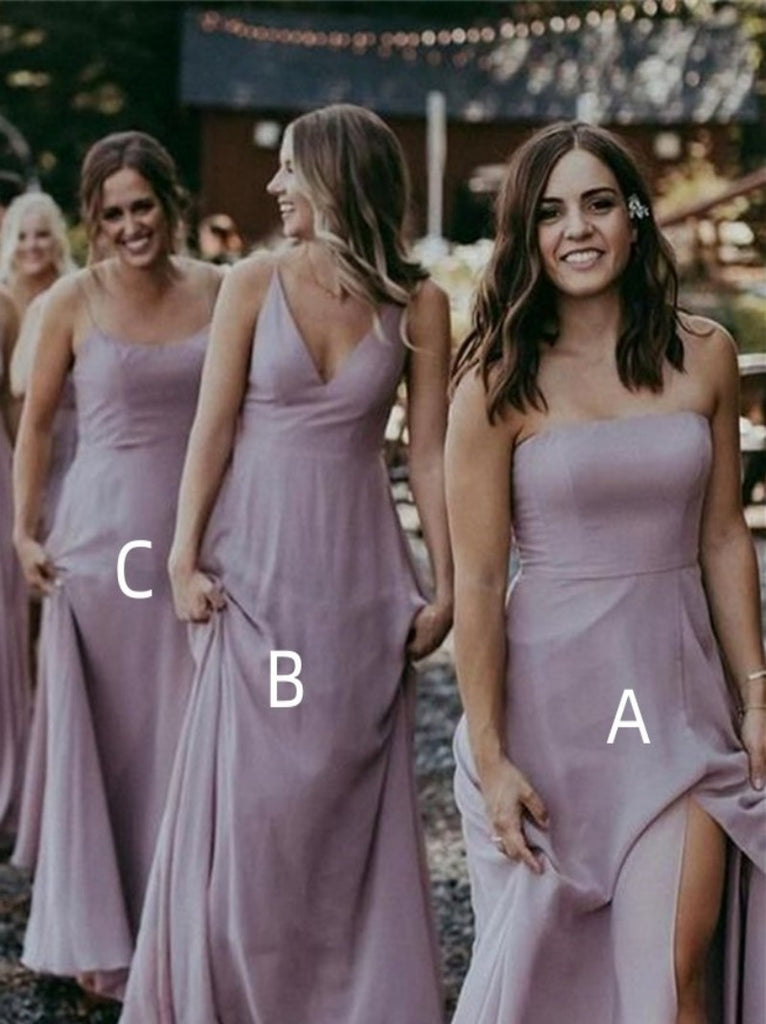 Mismatched Spaghetti straps V-neck Side slit  A-line Elegant Simple Long Bridesmaid Dresses,SWE1290