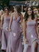 Mismatched Spaghetti straps V-neck Side slit  A-line Elegant Simple Long Bridesmaid Dresses,SWE1290