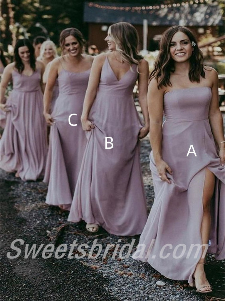Mismatched Spaghetti straps V-neck Side slit  A-line Elegant Simple Long Bridesmaid Dresses,SWE1290