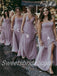 Mismatched Spaghetti straps V-neck Side slit  A-line Elegant Simple Long Bridesmaid Dresses,SWE1290