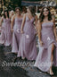 Mismatched Spaghetti straps V-neck Side slit  A-line Elegant Simple Long Bridesmaid Dresses,SWE1290
