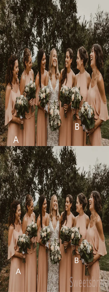 Mismatched Off-shoulder A-line Elegant Simple Pretty Long Bridesmaid Dresses,SWE1312