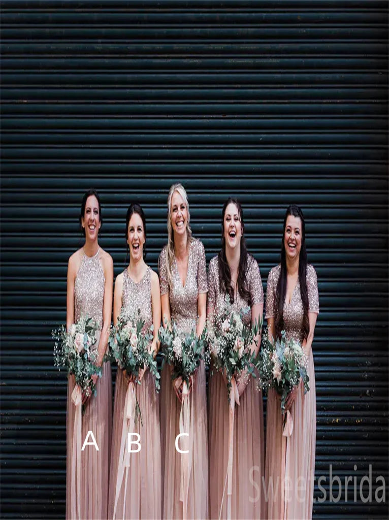 Mismatched Beading Halter V-neck A-line Elegant Simple Pretty Long Bridesmaid Dresses,SWE1308
