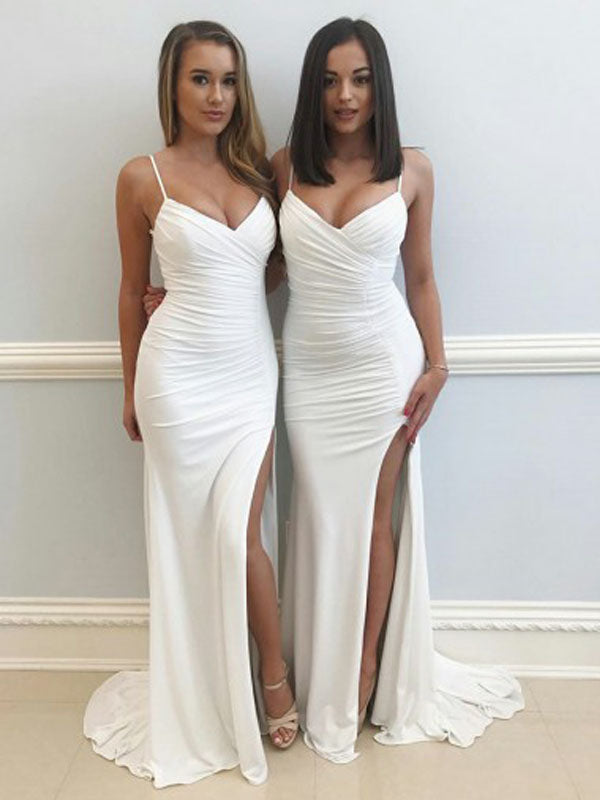 Elegant White Spaghetti Strap V-Neck Side Slit Sweep Train Evening Prom Dresses, SW0041
