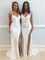 Elegant White Spaghetti Strap V-Neck Side Slit Sweep Train Evening Prom Dresses, SW0041
