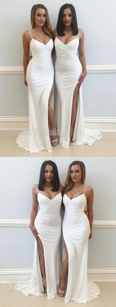 Elegant White Spaghetti Strap V-Neck Side Slit Sweep Train Evening Prom Dresses, SW0041