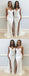 Elegant White Spaghetti Strap V-Neck Side Slit Sweep Train Evening Prom Dresses, SW0041