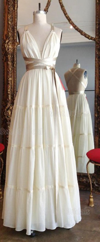 Unique Deep V-Neck Backless Floor Length Evening Prom Dresses, SW0046