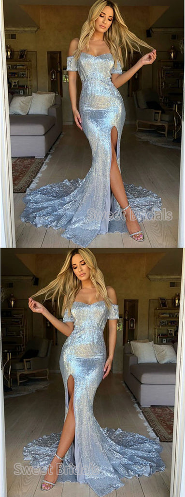 Shinning Sequin Off the Shoulder Sweet Heart Side Slit Sweep Train Evening Prom Dresses, SW0048