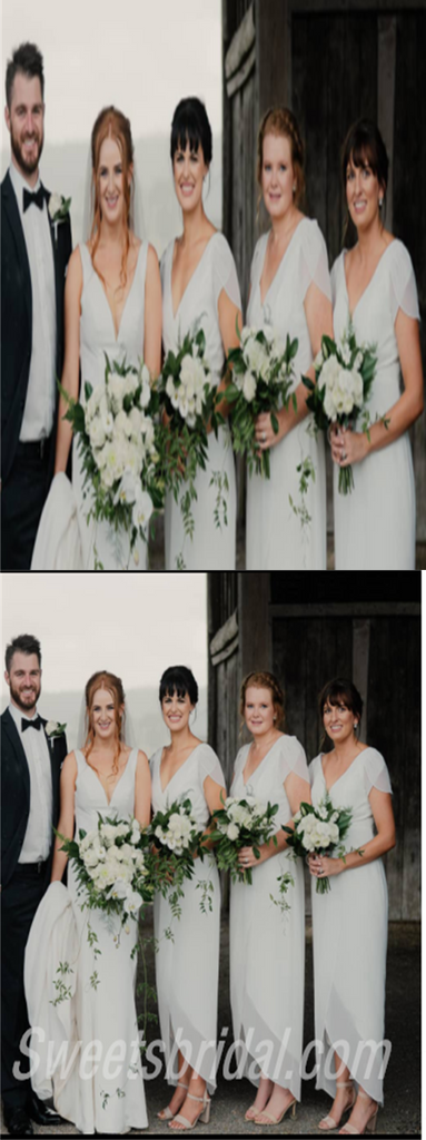 V-neck cap sleeves  Elegant Simple Pretty Long Bridesmaid Dresses,SWE1295