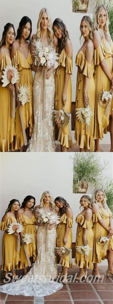 Spaghetti straps V-neck Ruffle A-line Elegant Simple Long Bridesmaid Dresses,SWE1280