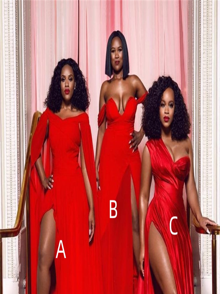 Mismatched Side slit Off-shoulder Elegant A-line Simple Pretty Long Bridesmaid Dresses,SWE1304