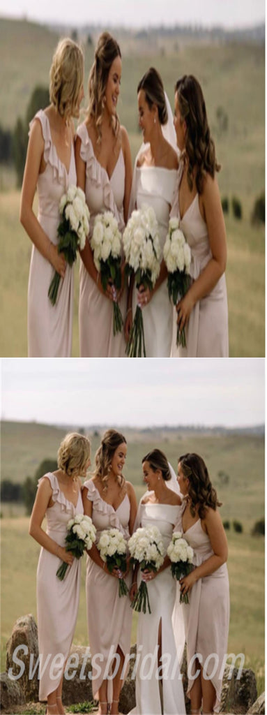 V-neck A-line Ruffle side silt  Elegant Simple Pretty Long Bridesmaid Dresses,SWE1297