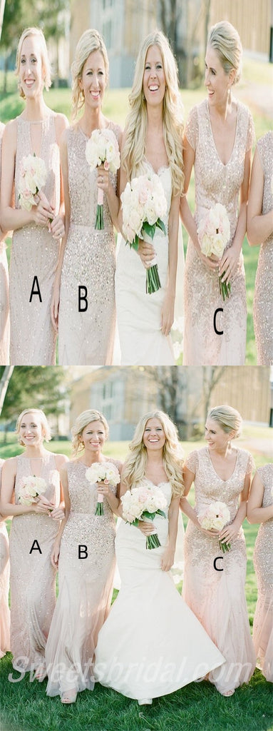 Mismatched V-neck Sequin Mermaid Sleeveless Elegant Simple Long Bridesmaid Dresse,SWE1277