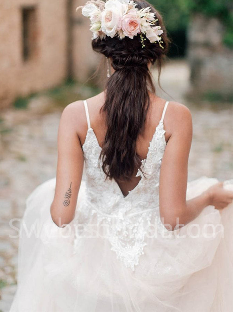 Elegant Spaghetti straps V-neck A-line Lace applique Wedding Dresses,DB0268