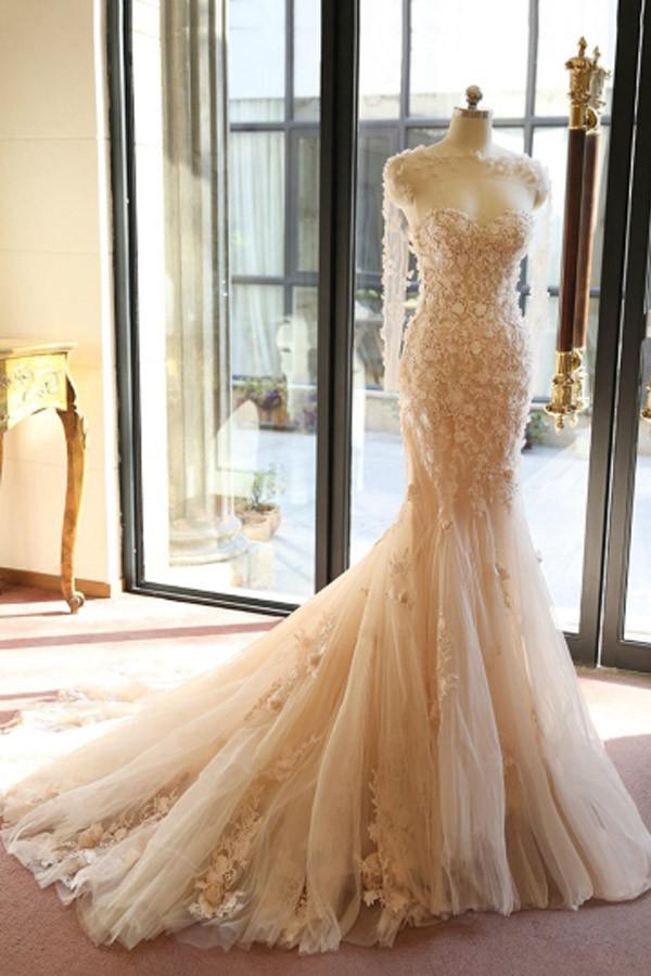 Gorgeous Pink Long Sleeves Applique Mermaid With Train Wedding Dresses, WD1118