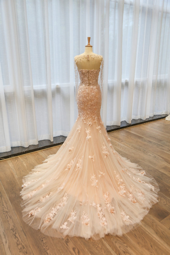 Gorgeous Pink Long Sleeves Applique Mermaid With Train Wedding Dresses, WD1118