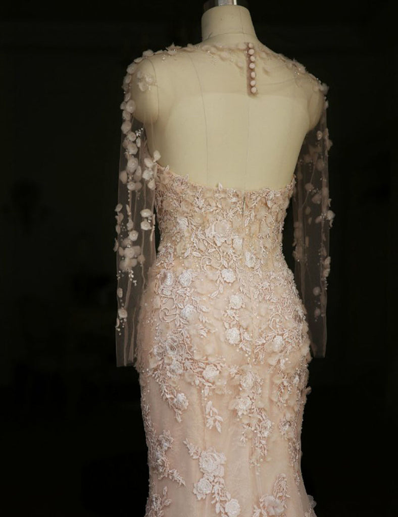 Gorgeous Pink Long Sleeves Applique Mermaid With Train Wedding Dresses, WD1118