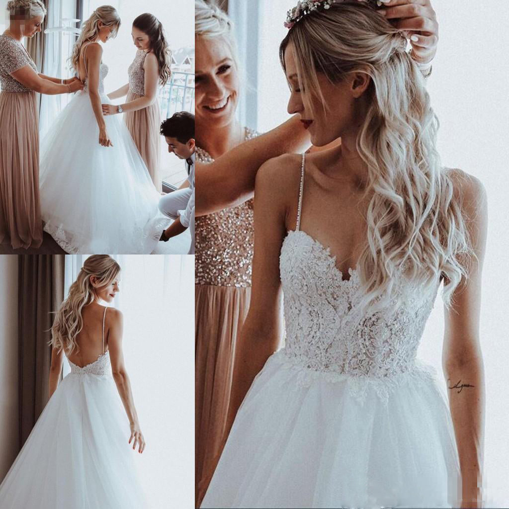 Fashion Spaghetti Straps Backless Lace Top A Line Long Wedding Dresses, WD1102