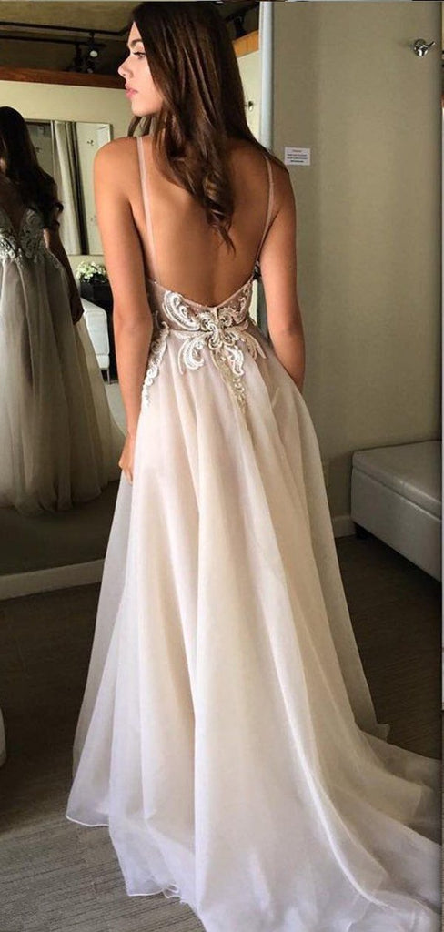 Simple Spaghetti Strap Backless Lace Chiffon Long Beach Wedding Dresses, WD1116