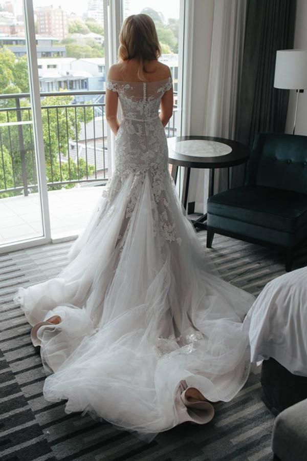 Elegant Off Shoulder Tulle Mermaid With Train Long Wedding Dresses, WD1121