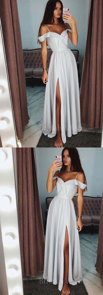 Chic Spaghetti Strap Off the Shoulder Side Slit Long Evening Prom Dresses, BW0609