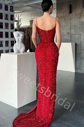 Sexy V-neck Sleeveless Side slit Sheath Long Prom Dress,SW2010