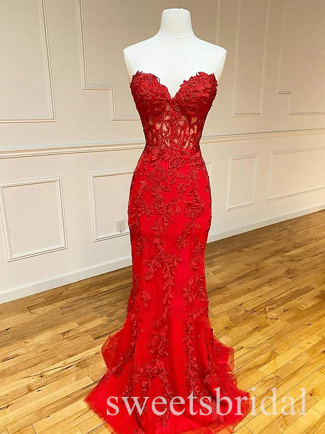 Elegant Sweetheart Sleeveless Lace Applique Mermaid Long Prom Dress,SWS2511