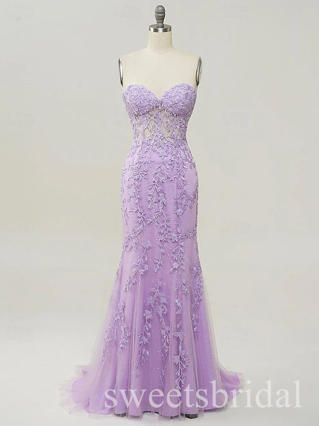 Elegant Sweetheart Sleeveless Lace Applique Mermaid Long Prom Dress,SWS2511