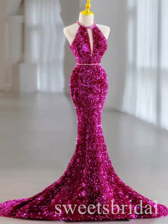 Sparkly Halter Strapless Sleeveless Mermaid Long Prom Dress,SWS2510