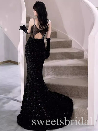 Black Shiny Sweetheart Side Slit Mermaid Floor Length Prom Dress,SWS2523