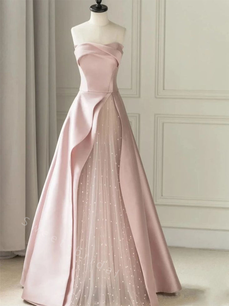 Elegant Strapless Sleeveless A-line Long Prom Dress,SWS2046