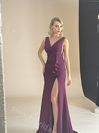 Simple V-neck Side Slit Mermaid Floor Length Prom Dress,SWS2413