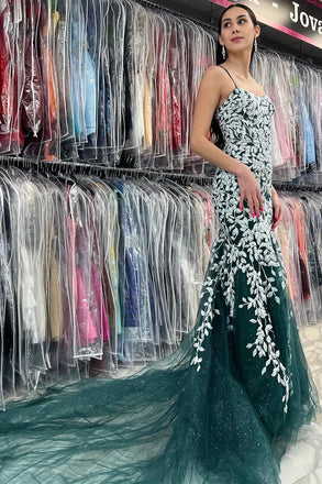 Dark Green Lace Applique Sleeveless Mermaid Floor Length Prom Dress,SWS2246