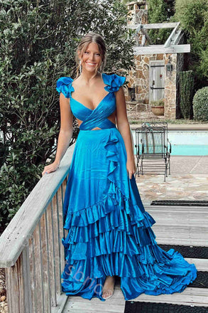 Sexy V-neck Ruffle Sleeveless A-line Long Prom Dress,SWS2131