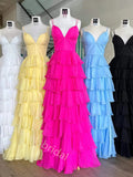 Charming V-neck Sleeveless Ruffles A-line Floor Length  Prom Dress,SWS2291
