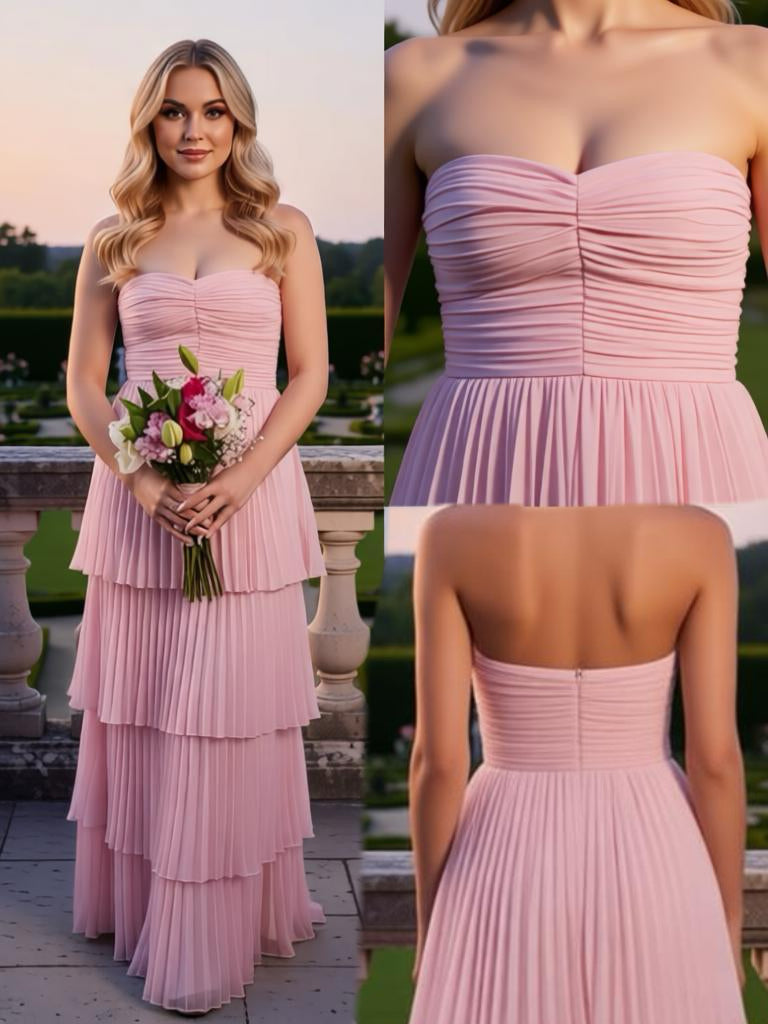 Cute Strapless Sleeveless Ruffles A-Line Floor Length Prom Party Dress,SWS2583