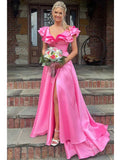 Elegant Ruffle Sleeveless Side Slit A-line Floor Length  Prom Dress,SWS2306