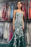 Dark Green Lace Applique Sleeveless Mermaid Floor Length Prom Dress,SWS2246